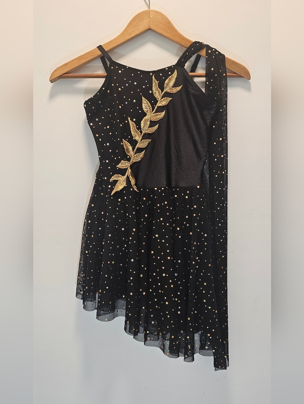 Black & Gold Leaf Glitter Sequine Mesh Skirt Asymmetrical Dancewear Girls Large